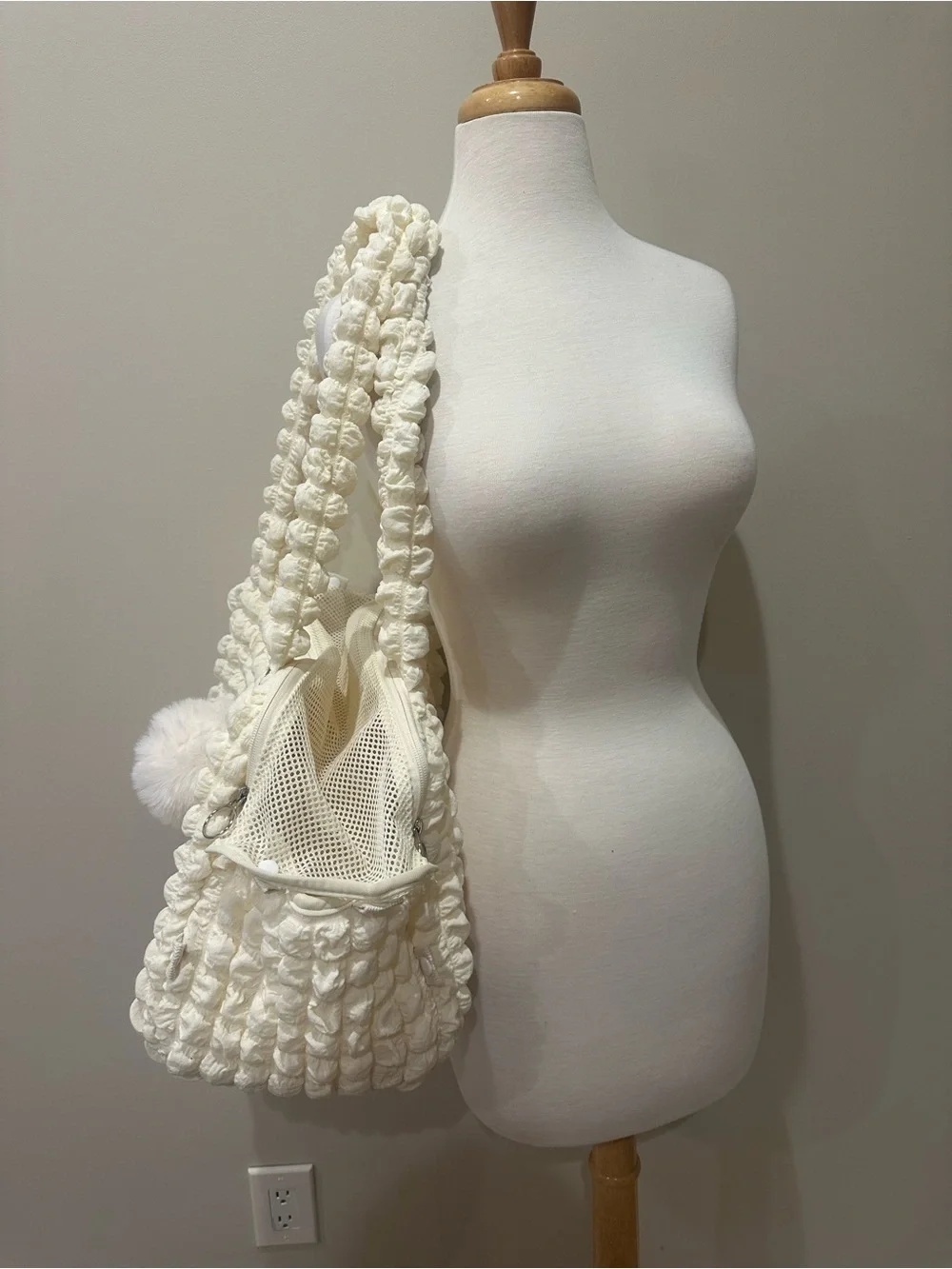 Cream Textured Popcorn Mesh Pet Carrier Tote with Pom Keychain
